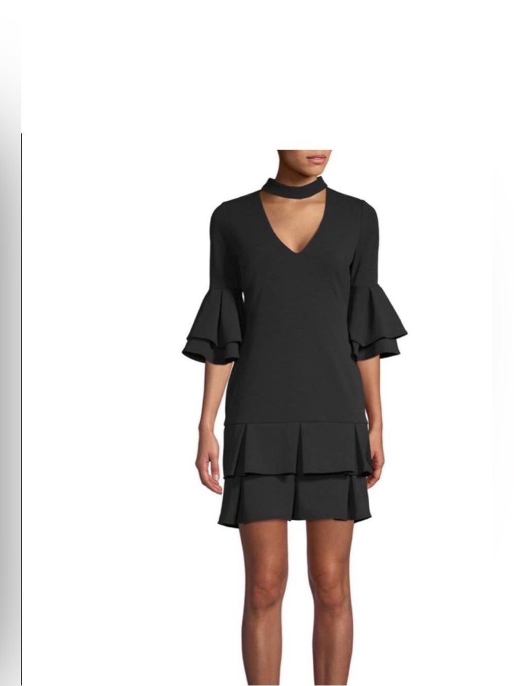 NWT- Alex Admor Black Mini Dress with Pleats & Choker Tiered Bell Sleeves Sz 14